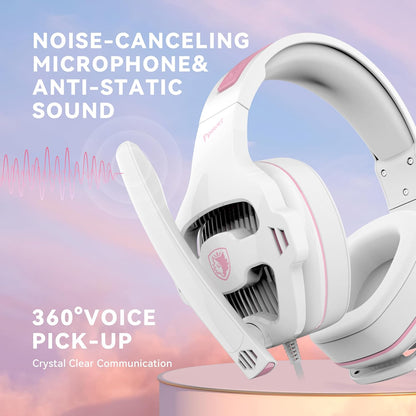 SA726 Stereo Gaming Headset for Xbox One PS4 PS5 Controller, Over Ear Headphone with Mic Noise Cancelling Headset for PC Xbox Series (White Pink)