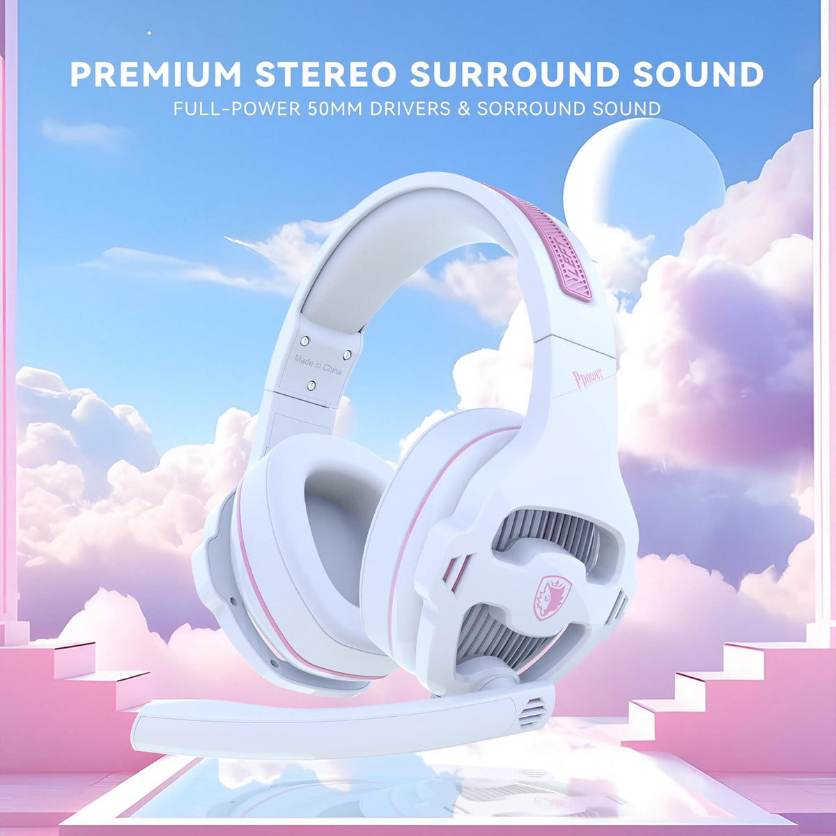SA726 Stereo Gaming Headset for Xbox One PS4 PS5 Controller, Over Ear Headphone with Mic Noise Cancelling Headset for PC Xbox Series (White Pink)