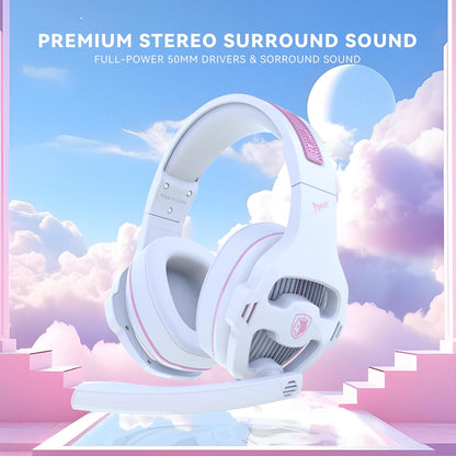 SA726 Stereo Gaming Headset for Xbox One PS4 PS5 Controller, Over Ear Headphone with Mic Noise Cancelling Headset for PC Xbox Series (White Pink)