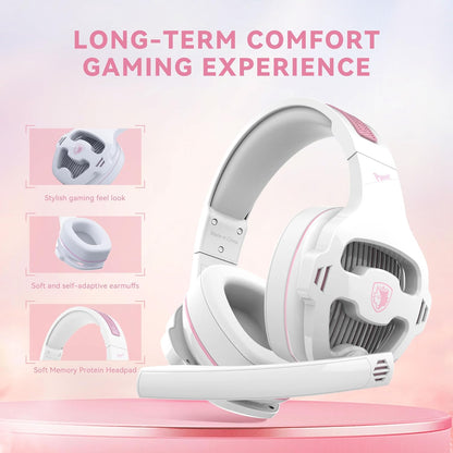 SA726 Stereo Gaming Headset for Xbox One PS4 PS5 Controller, Over Ear Headphone with Mic Noise Cancelling Headset for PC Xbox Series (White Pink)