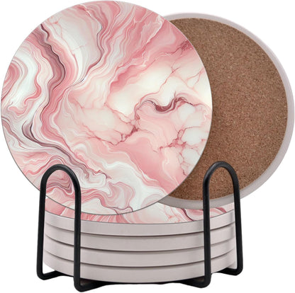 Pink Marble Round Coasters Set of 6 - Abosrbent Ceramic Coasters with Metal Stand for Drinks, Beer, Coffee, Non-Slip Cork Back for Tabletop Protection, 4 Inches (Pink 1)