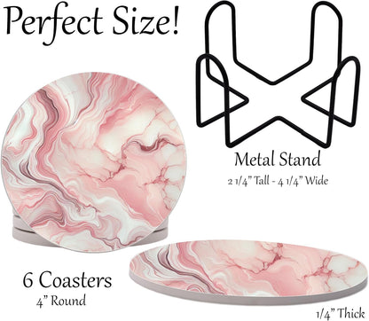 Pink Marble Round Coasters Set of 6 - Abosrbent Ceramic Coasters with Metal Stand for Drinks, Beer, Coffee, Non-Slip Cork Back for Tabletop Protection, 4 Inches (Pink 1)