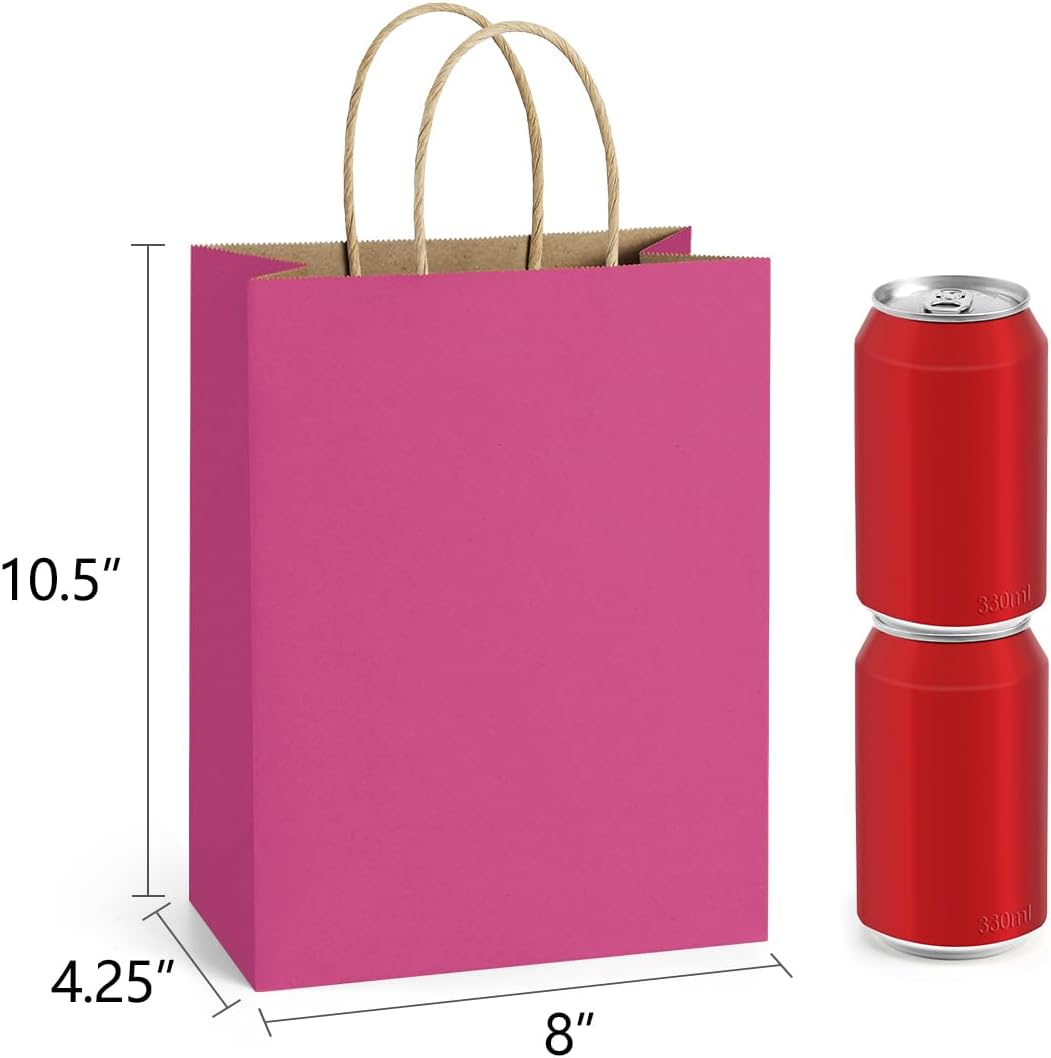 Medium Gift Bags with Handles 8x4.25x10.5 Inch Pink 100 Pack Bulk