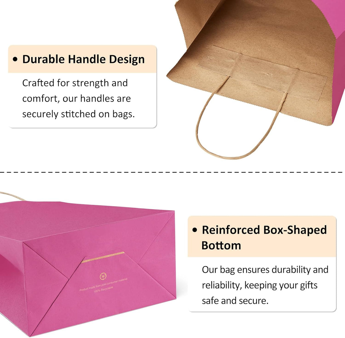Medium Gift Bags with Handles 8x4.25x10.5 Inch Pink 100 Pack Bulk