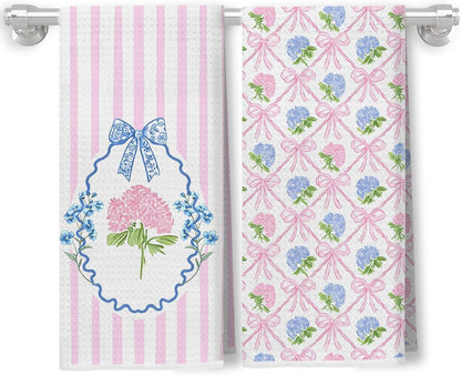 Pink and Blue Hydrangea Floral Kitchen Towels, Retro Grandmillennial Coquette Bow Hydrangea Flower Decorative Dish Hand Tea Towels for Bathroom Kitchen, 16x24 Inch Set of 2