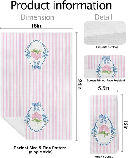 Pink and Blue Hydrangea Floral Kitchen Towels, Retro Grandmillennial Coquette Bow Hydrangea Flower Decorative Dish Hand Tea Towels for Bathroom Kitchen, 16x24 Inch Set of 2