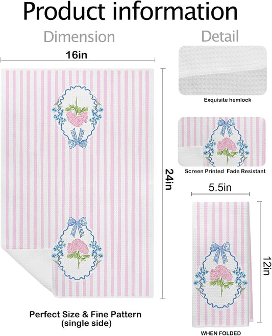Pink and Blue Hydrangea Floral Kitchen Towels, Retro Grandmillennial Coquette Bow Hydrangea Flower Decorative Dish Hand Tea Towels for Bathroom Kitchen, 16x24 Inch Set of 2