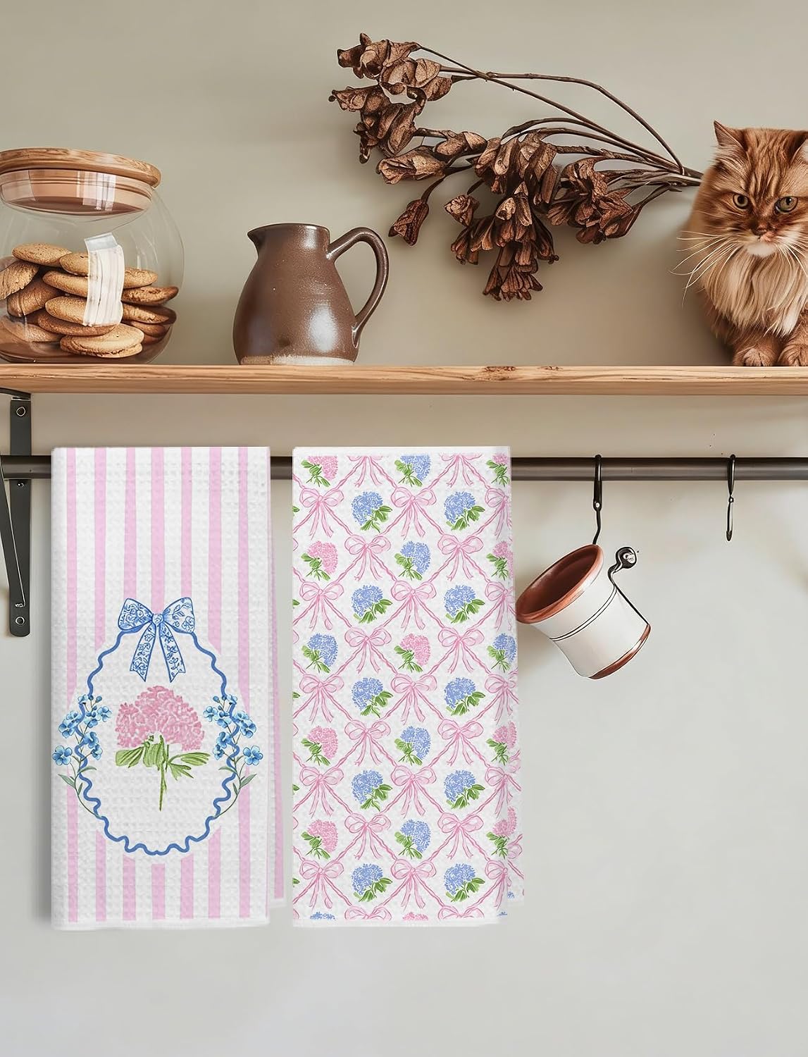 Pink and Blue Hydrangea Floral Kitchen Towels, Retro Grandmillennial Coquette Bow Hydrangea Flower Decorative Dish Hand Tea Towels for Bathroom Kitchen, 16x24 Inch Set of 2