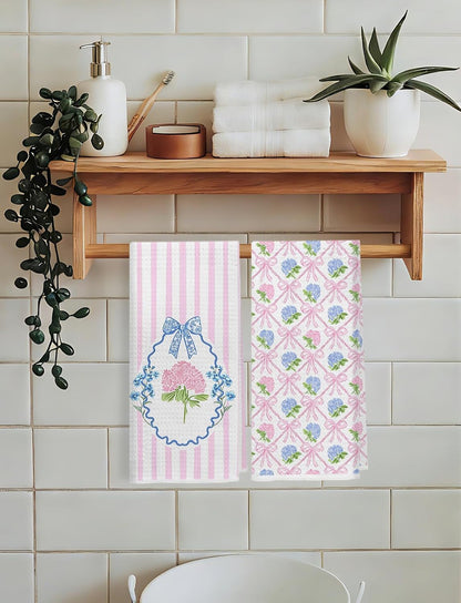 Pink and Blue Hydrangea Floral Kitchen Towels, Retro Grandmillennial Coquette Bow Hydrangea Flower Decorative Dish Hand Tea Towels for Bathroom Kitchen, 16x24 Inch Set of 2