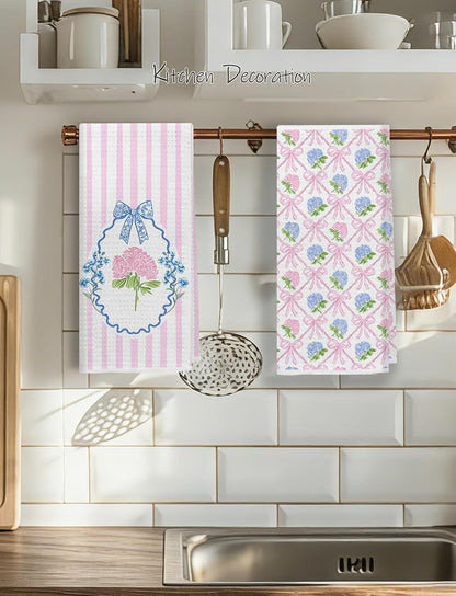 Pink and Blue Hydrangea Floral Kitchen Towels, Retro Grandmillennial Coquette Bow Hydrangea Flower Decorative Dish Hand Tea Towels for Bathroom Kitchen, 16x24 Inch Set of 2