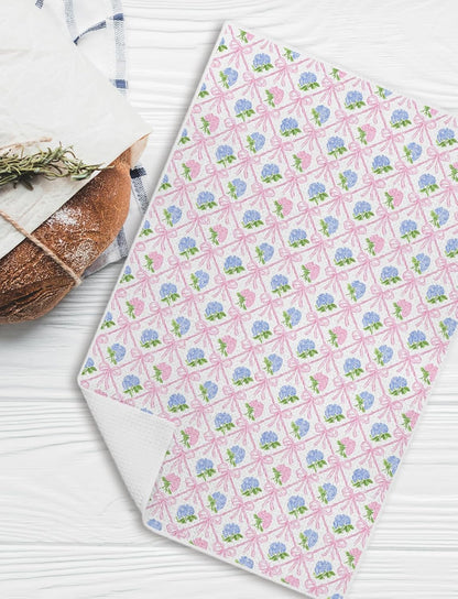 Pink and Blue Hydrangea Floral Kitchen Towels, Retro Grandmillennial Coquette Bow Hydrangea Flower Decorative Dish Hand Tea Towels for Bathroom Kitchen, 16x24 Inch Set of 2