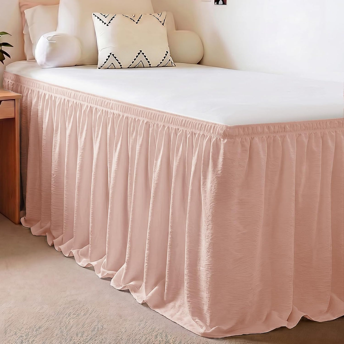 College Dorm Bed Skirt Twin XL 36 Inch Drop, Blush Pink Elastic Bedskirt