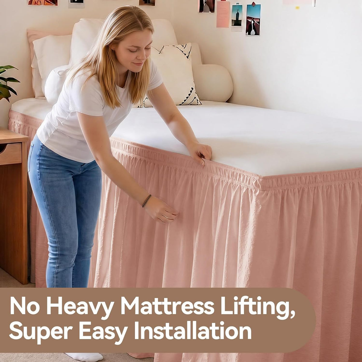 College Dorm Bed Skirt Twin XL 36 Inch Drop, Blush Pink Elastic Bedskirt