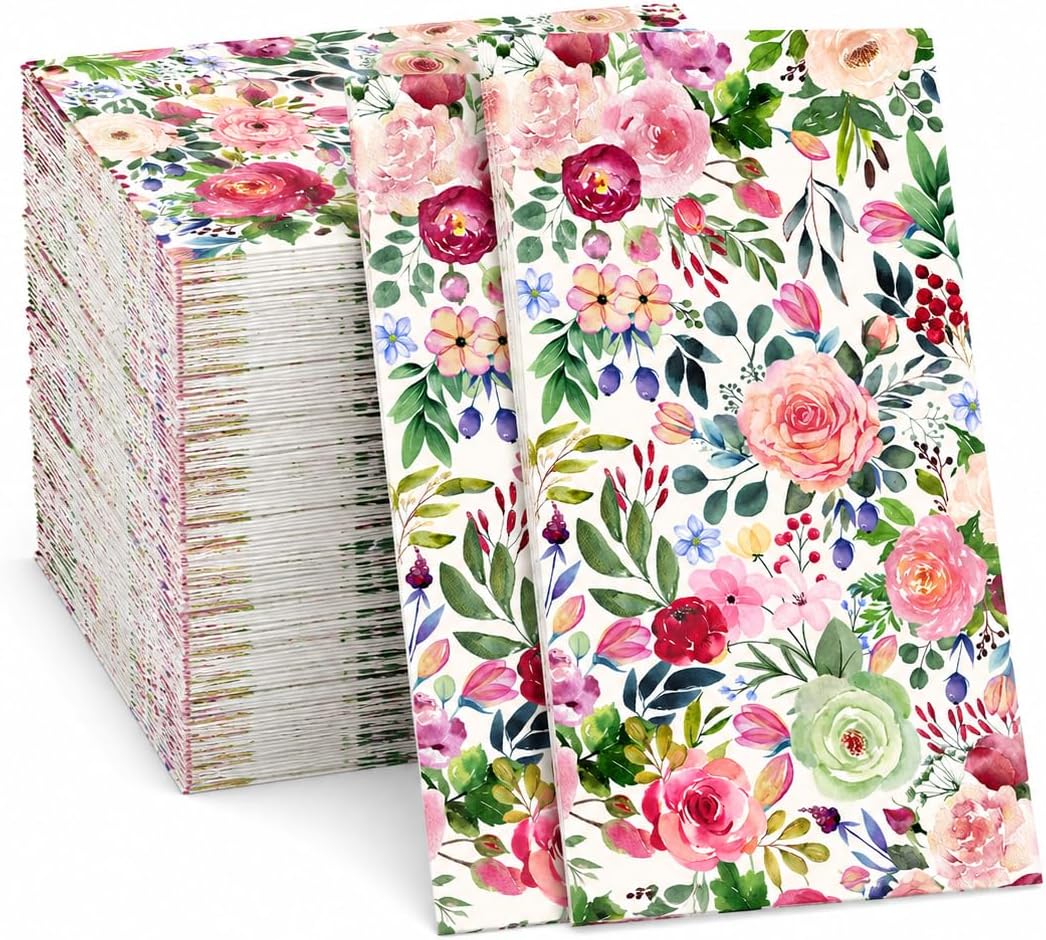 Floral Paper Napkins, 80PCS Watercolor Flower Guest Paper Napkins Disposable, Pink Roses Dinner Hand Napkin for Wedding, Theme Party,Birthday,Bridal Showers,Baby Showers,Kitchen & Bathroom 4.5x8 Inch