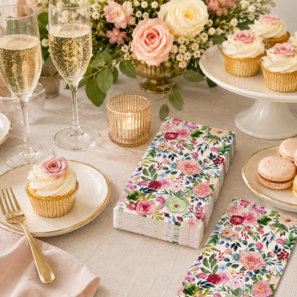 Floral Paper Napkins, 80PCS Watercolor Flower Guest Paper Napkins Disposable, Pink Roses Dinner Hand Napkin for Wedding, Theme Party,Birthday,Bridal Showers,Baby Showers,Kitchen & Bathroom 4.5x8 Inch