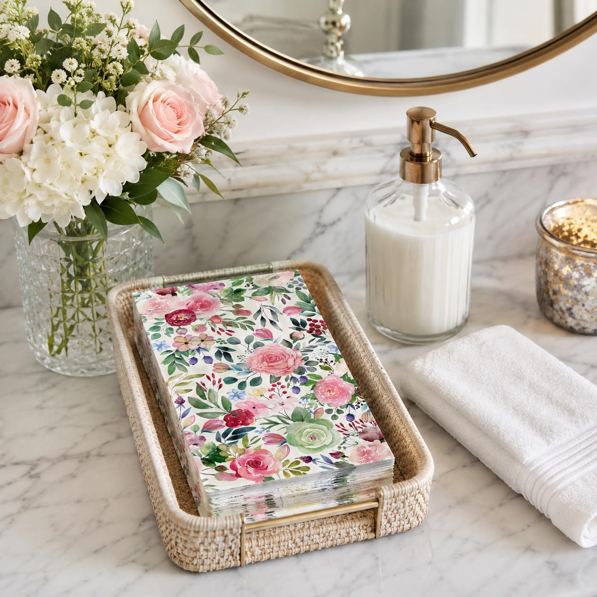 Floral Paper Napkins, 80PCS Watercolor Flower Guest Paper Napkins Disposable, Pink Roses Dinner Hand Napkin for Wedding, Theme Party,Birthday,Bridal Showers,Baby Showers,Kitchen & Bathroom 4.5x8 Inch