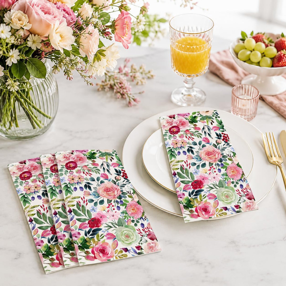 Floral Paper Napkins, 80PCS Watercolor Flower Guest Paper Napkins Disposable, Pink Roses Dinner Hand Napkin for Wedding, Theme Party,Birthday,Bridal Showers,Baby Showers,Kitchen & Bathroom 4.5x8 Inch