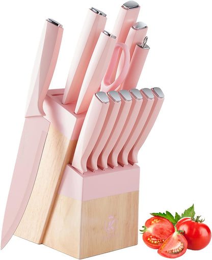 14-Piece Aesthetic Pink Knife Set with Wood Block Non-Rust Elegant Gifts
