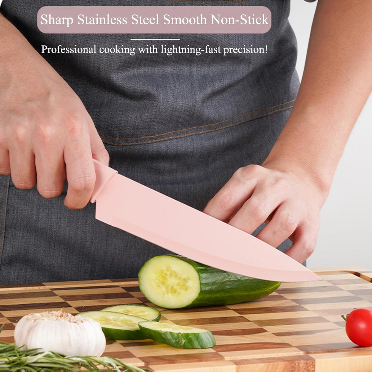 14-Piece Aesthetic Pink Knife Set with Wood Block Non-Rust Elegant Gifts