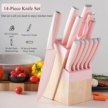 14-Piece Aesthetic Pink Knife Set with Wood Block Non-Rust Elegant Gifts