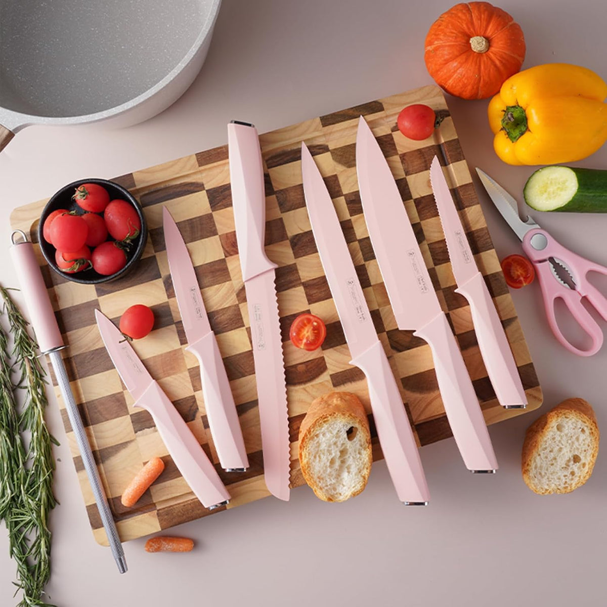 14-Piece Aesthetic Pink Knife Set with Wood Block Non-Rust Elegant Gifts