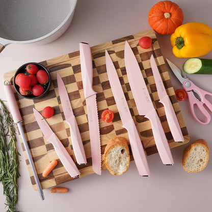 14-Piece Aesthetic Pink Knife Set with Wood Block Non-Rust Elegant Gifts
