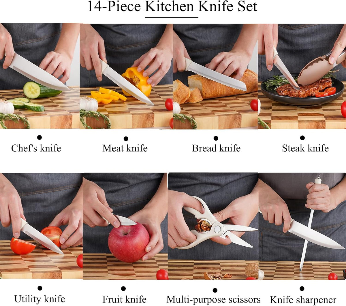 14-Piece Aesthetic Pink Knife Set with Wood Block Non-Rust Elegant Gifts
