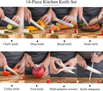 14-Piece Aesthetic Pink Knife Set with Wood Block Non-Rust Elegant Gifts