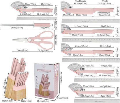 14-Piece Aesthetic Pink Knife Set with Wood Block Non-Rust Elegant Gifts