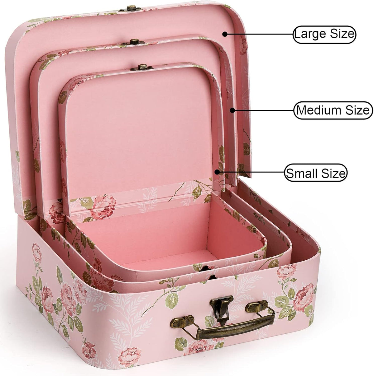 3 Pack Paperboard Suitcases Storage Box Decorative Storage Boxes Gift Boxes With Lids for Photo Storage Home Decoration, Wedding, Birthday, Anniversary, Pink