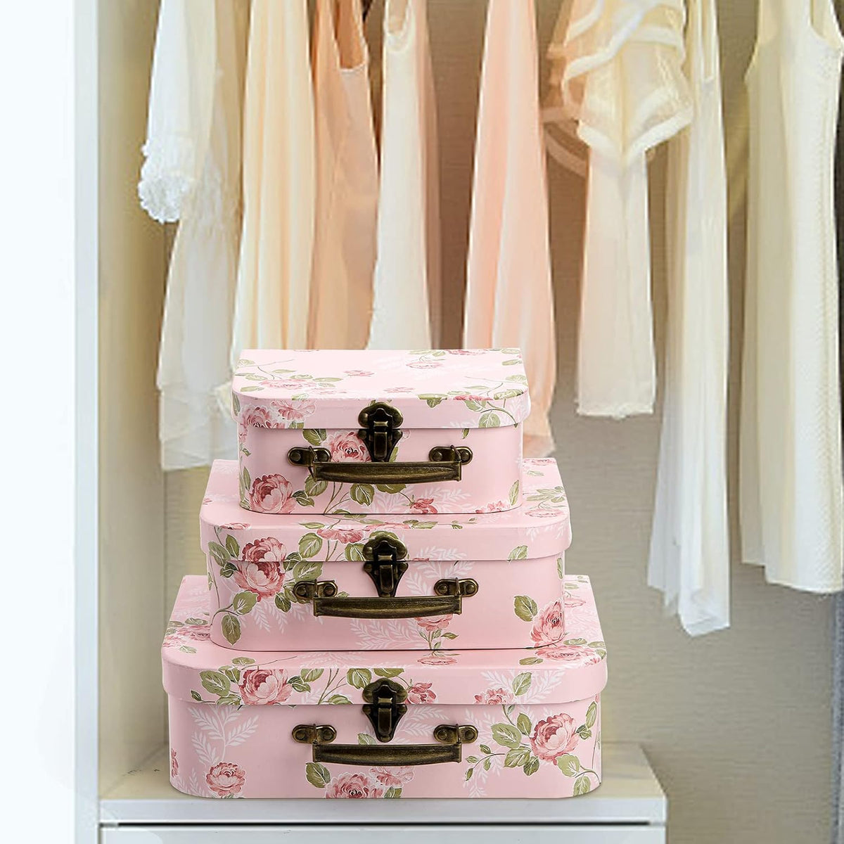 3 Pack Paperboard Suitcases Storage Box Decorative Storage Boxes Gift Boxes With Lids for Photo Storage Home Decoration, Wedding, Birthday, Anniversary, Pink