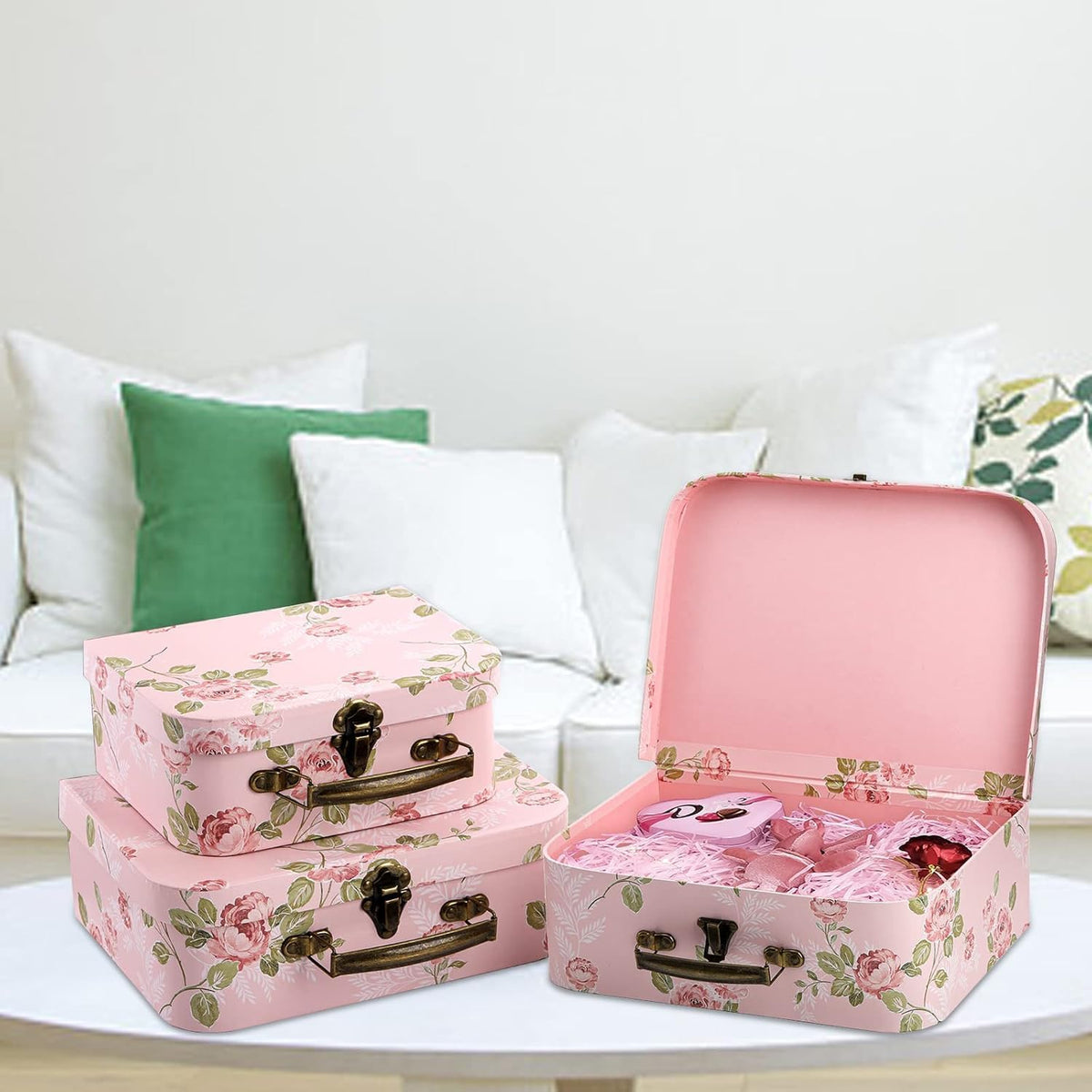 3 Pack Paperboard Suitcases Storage Box Decorative Storage Boxes Gift Boxes With Lids for Photo Storage Home Decoration, Wedding, Birthday, Anniversary, Pink