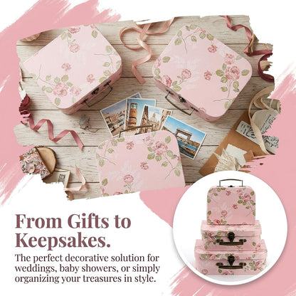 3 Pack Paperboard Suitcases Storage Box Decorative Storage Boxes Gift Boxes With Lids for Photo Storage Home Decoration, Wedding, Birthday, Anniversary, Pink