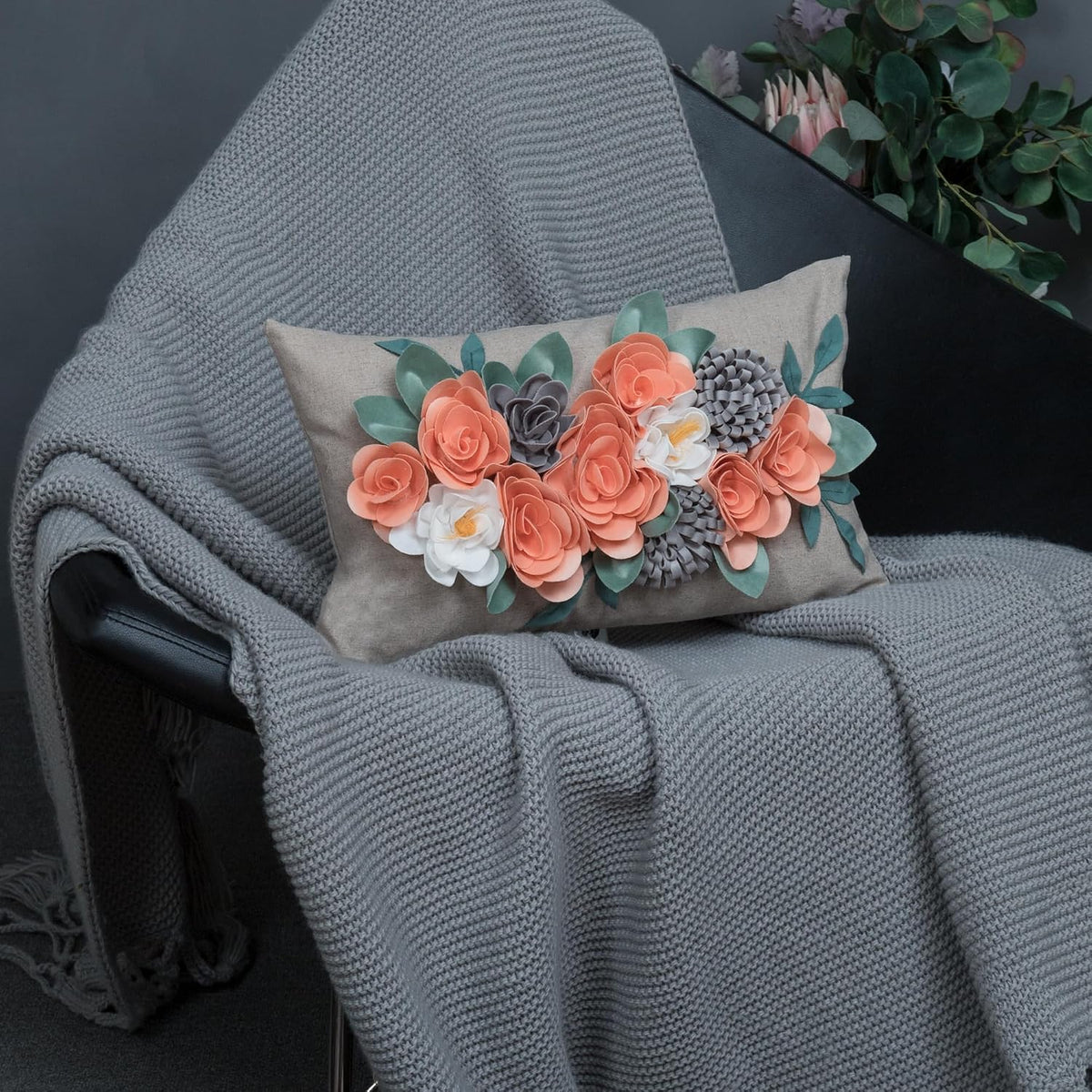 Decorative 3D Flower Throw Pillow Cover Pillowcase Cushion Cover Case for Home Couch Sofa Bed Living Room Decor 12x20 Inch Peach Pink