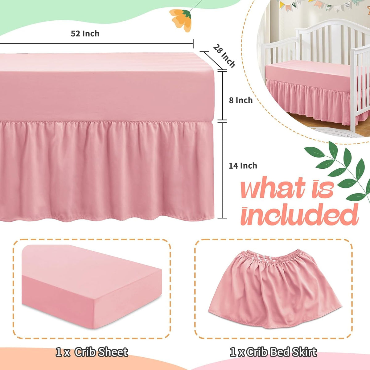 2-Piece Set Ruffled Crib Skirt & Crib Sheet, Blush Pink