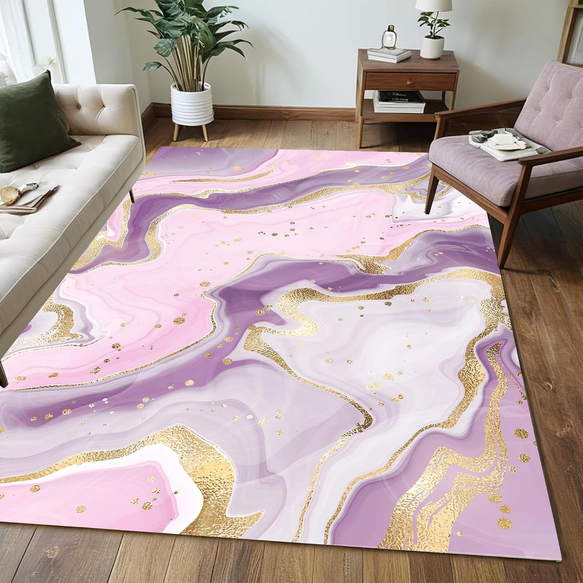 Pink and Gold Area Rug: 3x5 Feet Abstract Purple Marble Rugs for Girls Bedroom Entryway Living Dining Room Kitchen Home Decor Aesthetic Doormat Washable Floor Carpet