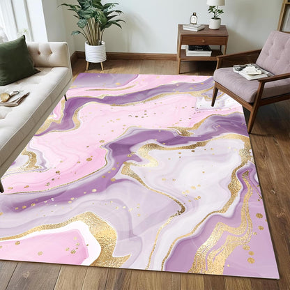 Pink and Gold Area Rug: 3x5 Feet Abstract Purple Marble Rugs for Girls Bedroom Entryway Living Dining Room Kitchen Home Decor Aesthetic Doormat Washable Floor Carpet