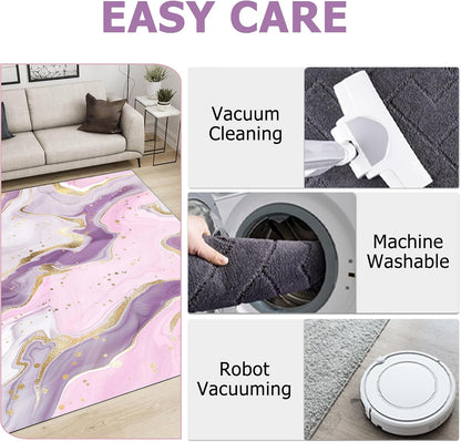 Pink and Gold Area Rug: 3x5 Feet Abstract Purple Marble Rugs for Girls Bedroom Entryway Living Dining Room Kitchen Home Decor Aesthetic Doormat Washable Floor Carpet