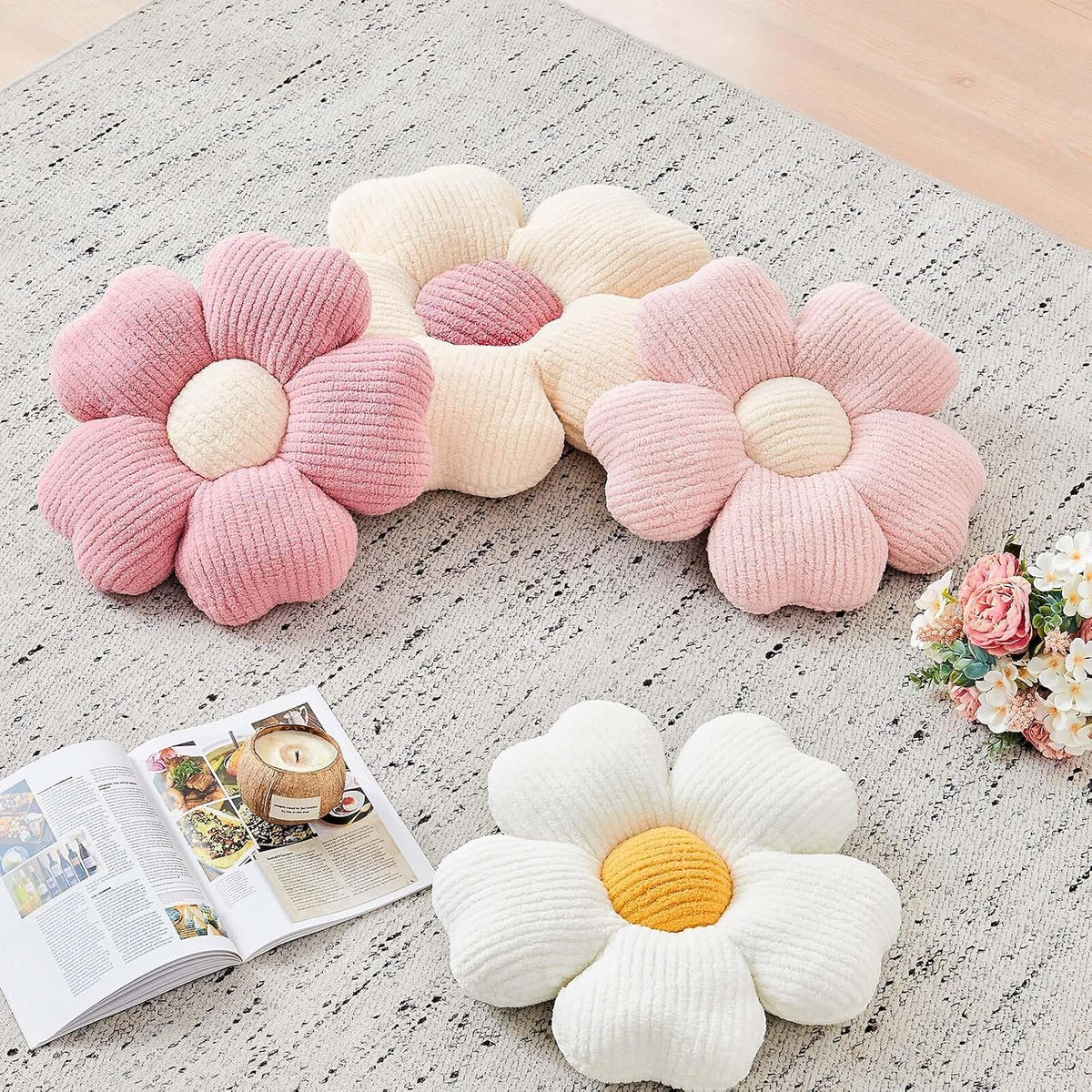 Flower Throw Pillow, Cute Flower Shaped Pillow Decorative Throw Pillow for Bed Couch, Soft Daisy Pillows Floor Seating Cushion Cushions (14.9 Inch Light Pink)
