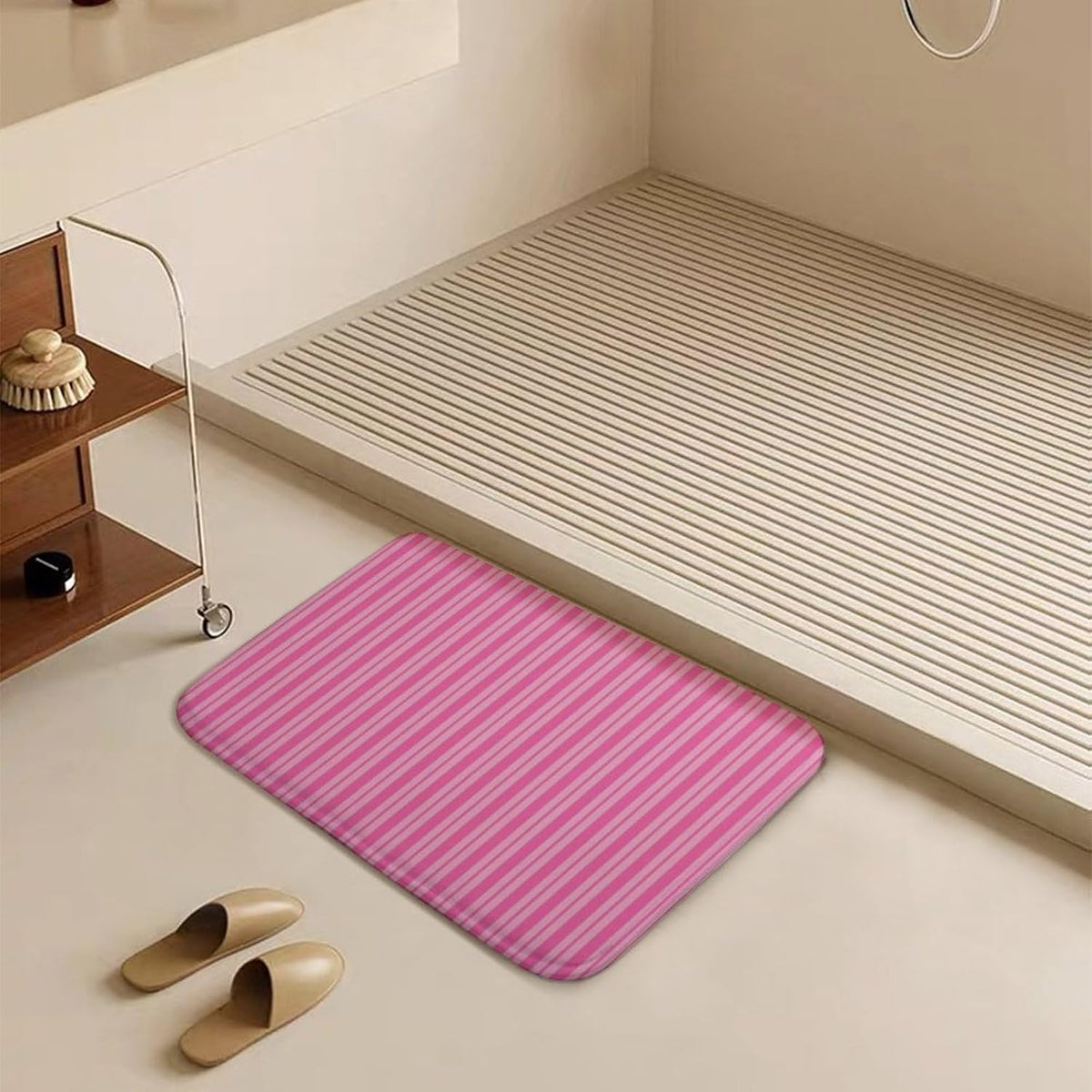 Multiple Stripe Patterns Pink Bathroom Rugs, Non Slip & Absorbent Bath Mat Carpets for Bathroom, Entryway or Sink 16" x 24"