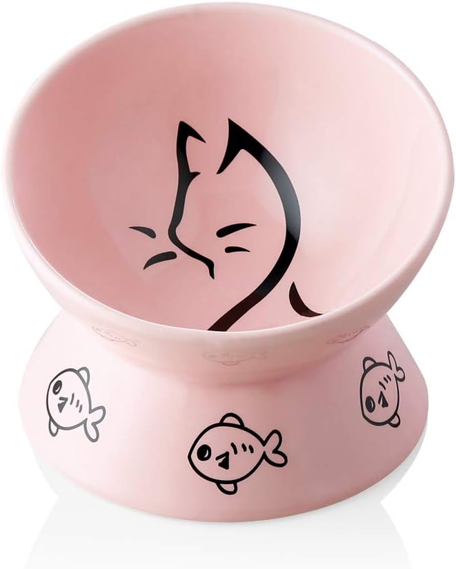 Sweejar Ceramic Raised Cat Bowls, Slanted Cat Dish Food or Water Bowls, Elevated Porcelain Pet Feeder Bowl Protect Cat's Spine, Stress Free, Backflow Prevention(Pink)