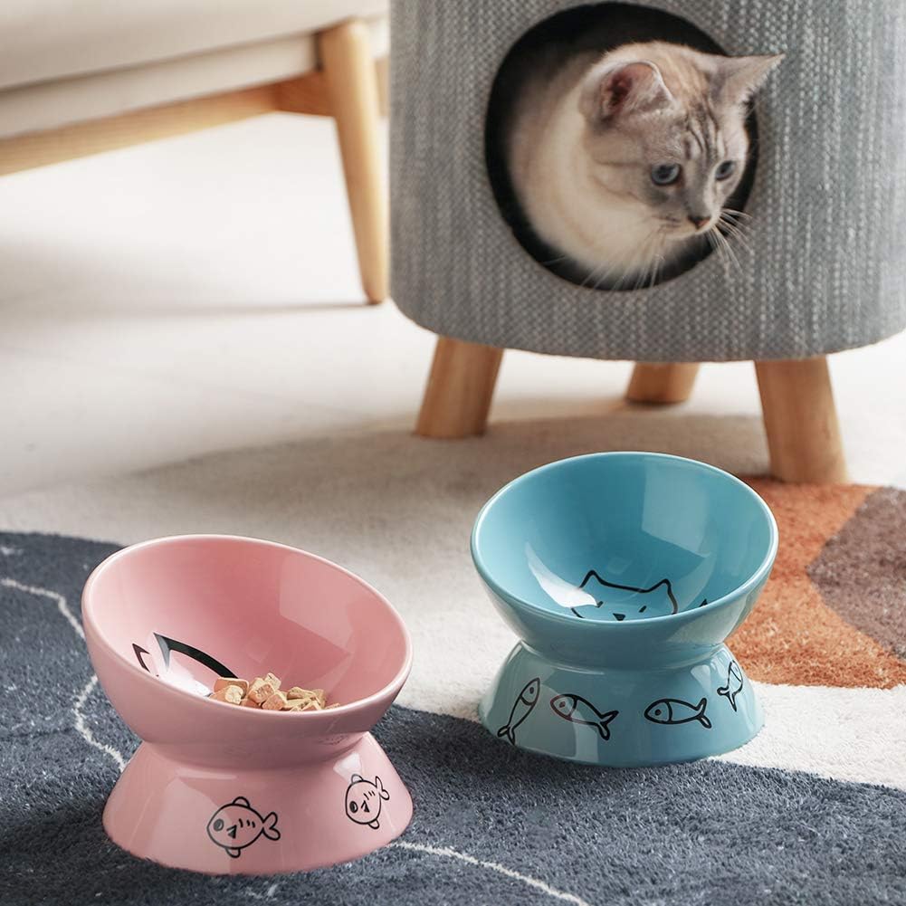 Sweejar Ceramic Raised Cat Bowls, Slanted Cat Dish Food or Water Bowls, Elevated Porcelain Pet Feeder Bowl Protect Cat's Spine, Stress Free, Backflow Prevention(Pink)