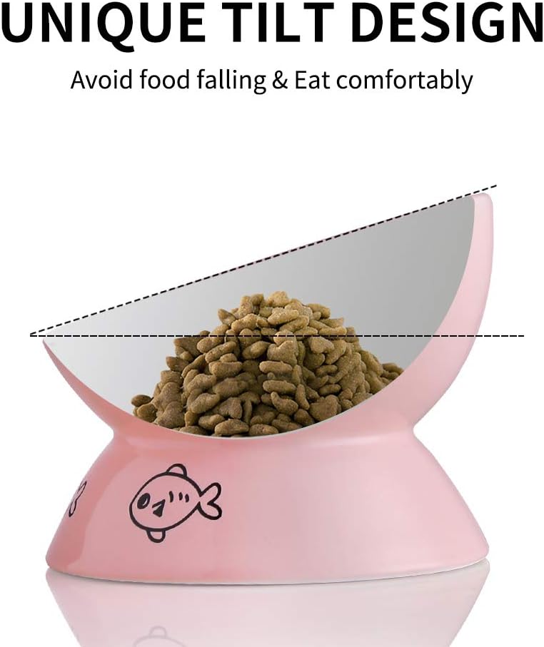 Sweejar Ceramic Raised Cat Bowls, Slanted Cat Dish Food or Water Bowls, Elevated Porcelain Pet Feeder Bowl Protect Cat's Spine, Stress Free, Backflow Prevention(Pink)