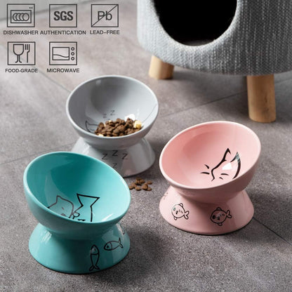 Sweejar Ceramic Raised Cat Bowls, Slanted Cat Dish Food or Water Bowls, Elevated Porcelain Pet Feeder Bowl Protect Cat's Spine, Stress Free, Backflow Prevention(Pink)