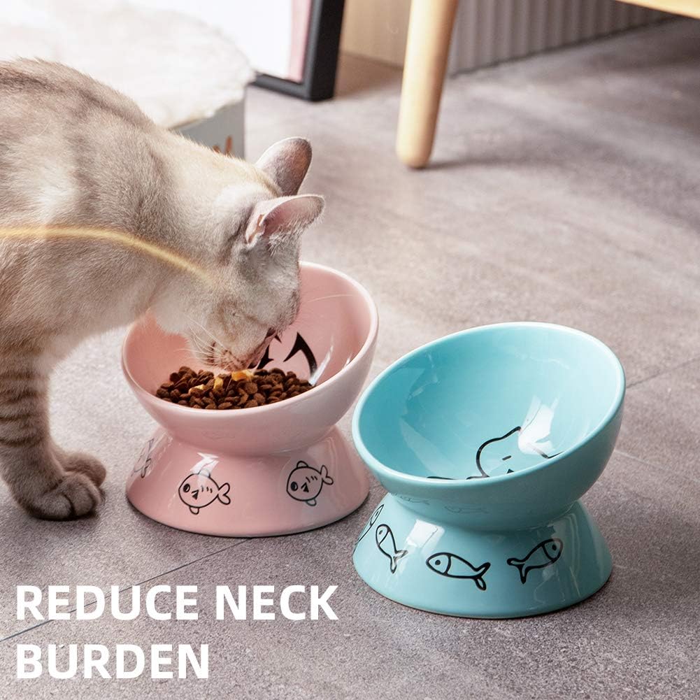 Sweejar Ceramic Raised Cat Bowls, Slanted Cat Dish Food or Water Bowls, Elevated Porcelain Pet Feeder Bowl Protect Cat's Spine, Stress Free, Backflow Prevention(Pink)