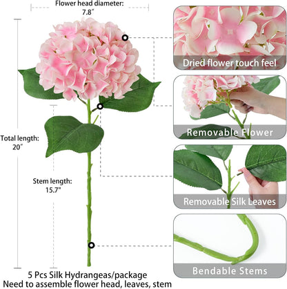 5 Pcs Pink/White Silk Hydrangeas Aritificial Flower Boho 20'' Faux Hydrangeas for Spring Indoor Home Decor Kitchen Living Room Baby Shower Outdoor Wedding Table Centerpiece