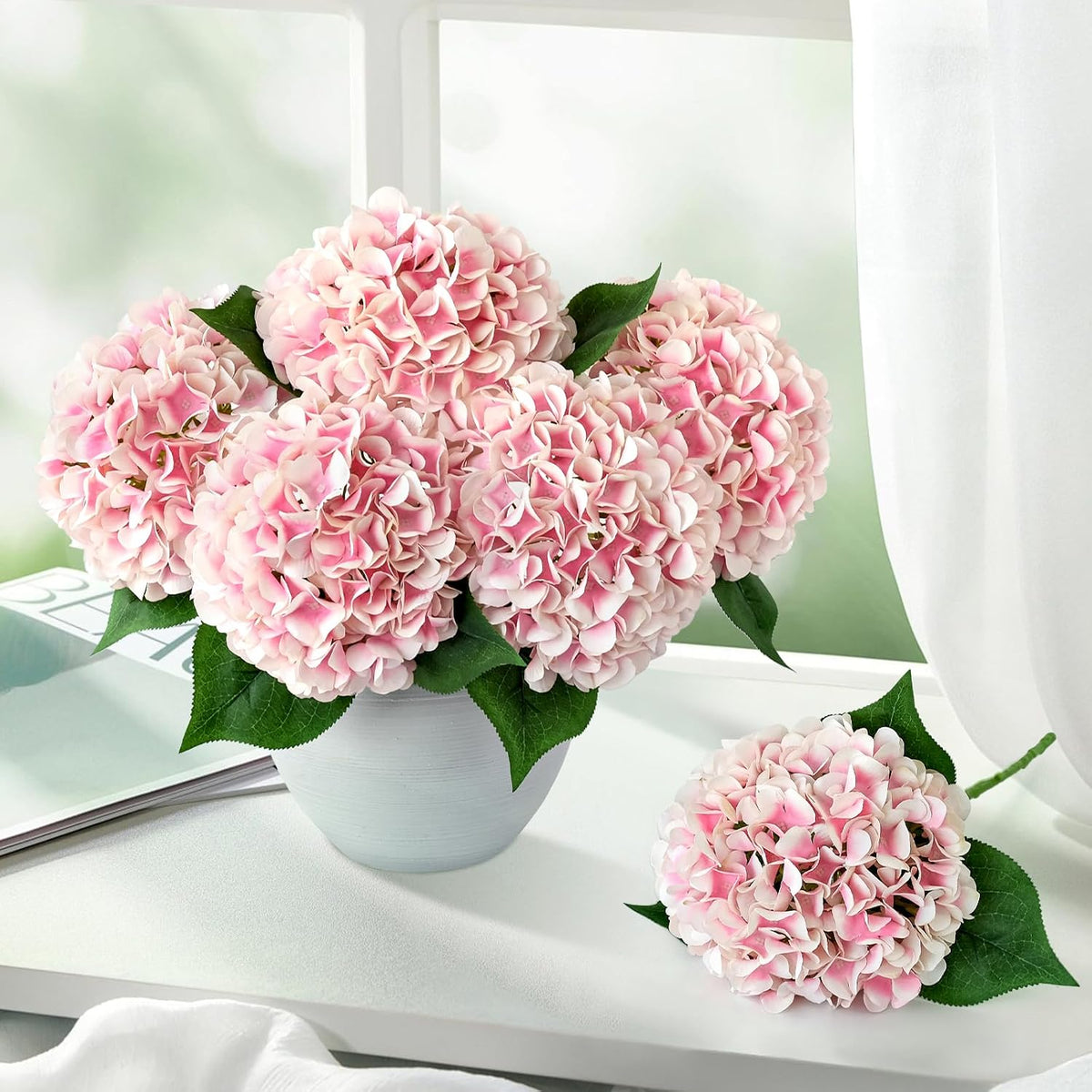 5 Pcs Pink/White Silk Hydrangeas Aritificial Flower Boho 20'' Faux Hydrangeas for Spring Indoor Home Decor Kitchen Living Room Baby Shower Outdoor Wedding Table Centerpiece