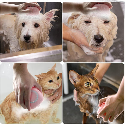Pet Bath Brush Dog Shampoo Dispenser Dog Bath Brush Scrubber (Pink)