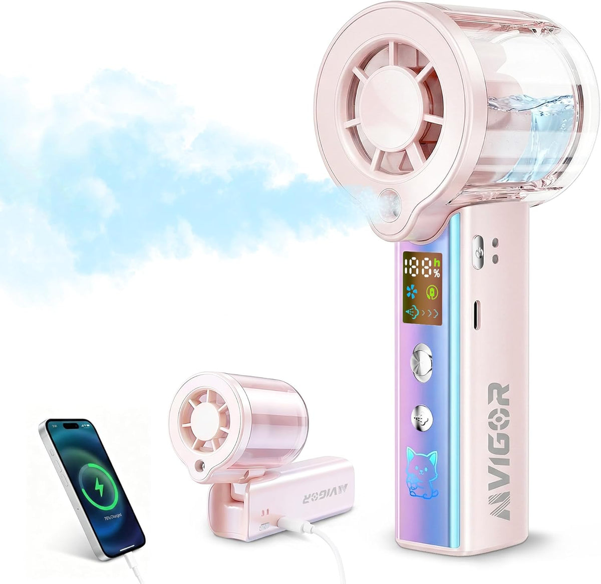 Portable Handheld Fan with Cooling Mist, 30000 RPM High Speed Turbo Personal Fan with Adjustable Speeds, 3000mAh Rechargeable Mini Misting Fan with LED Display for Travel Outdoor Makeup, Pink
