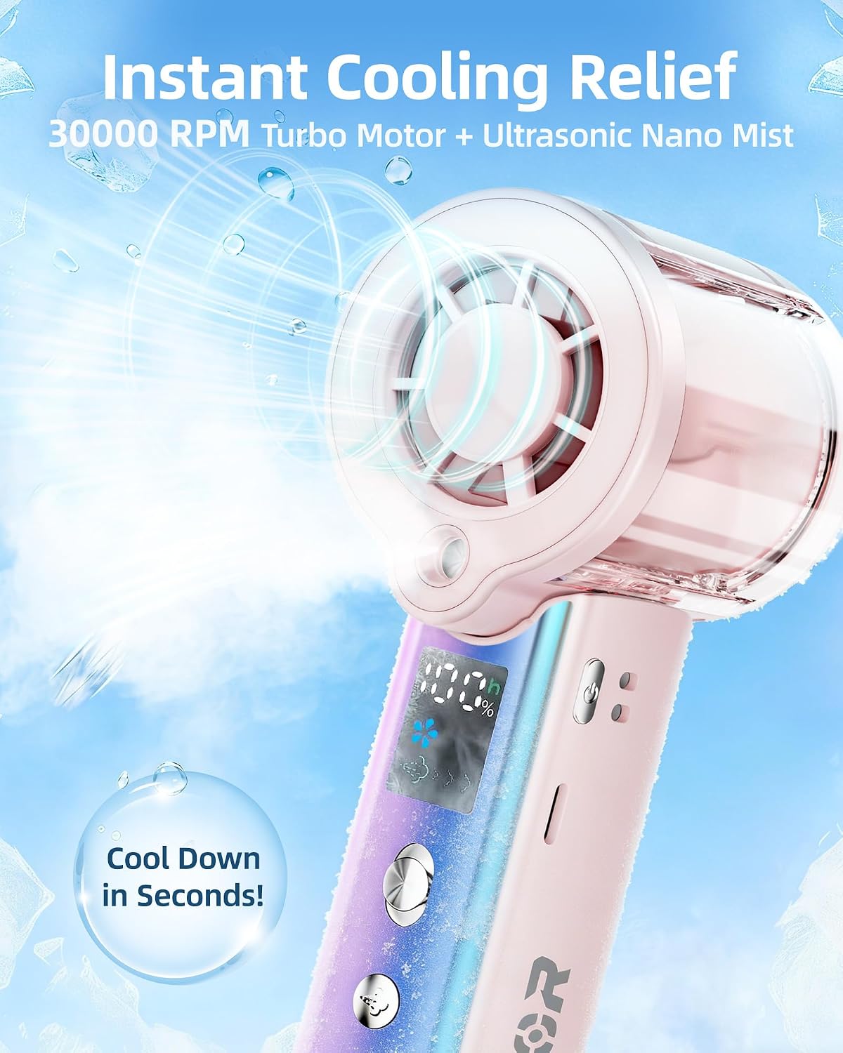 Portable Handheld Fan with Cooling Mist, 30000 RPM High Speed Turbo Personal Fan with Adjustable Speeds, 3000mAh Rechargeable Mini Misting Fan with LED Display for Travel Outdoor Makeup, Pink